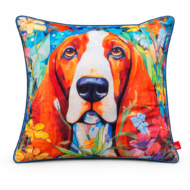 Vibrant pop-art style scatter cushion featuring a colourful beagle portrait surrounded by painterly florals