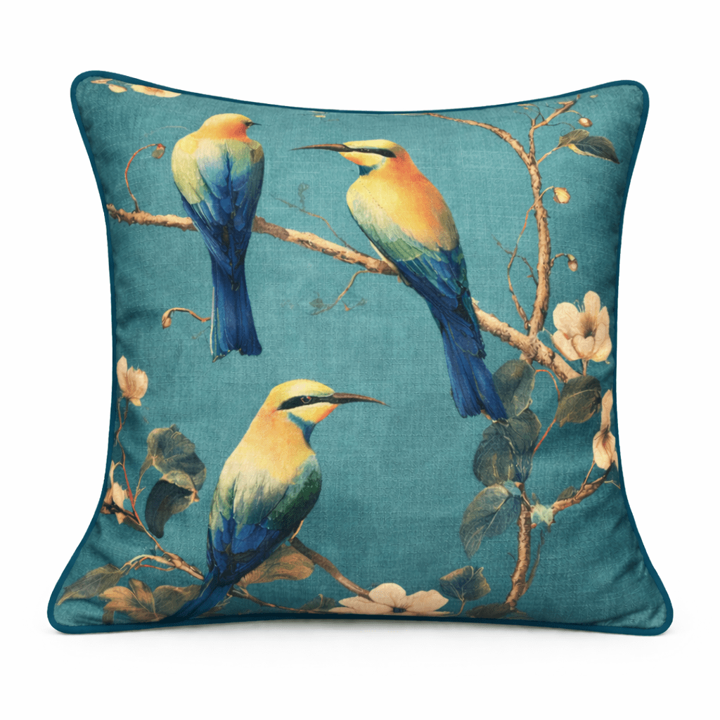 Teal scatter cushion with three illustrated bee-eater birds perched among branches and soft blossoms