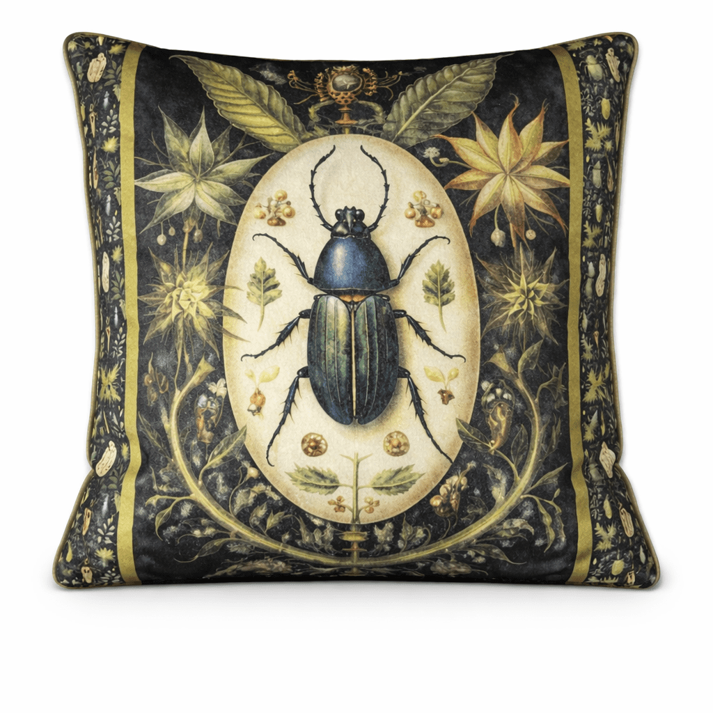 Black scatter cushion featuring an ornate blue scarab beetle illustration framed by antique gold botanical detail