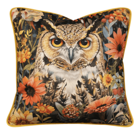 Black scatter cushion featuring a striking eagle owl with golden eyes surrounded by orange botanical florals