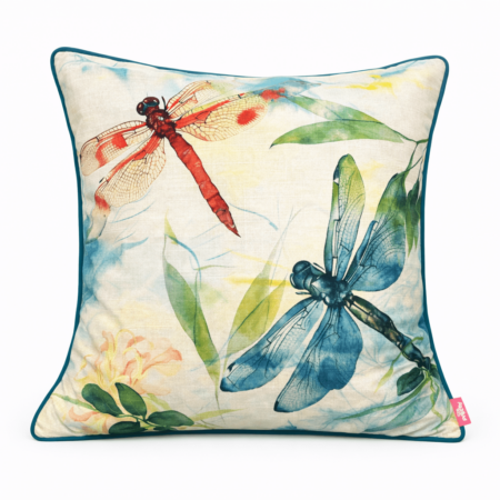 Ivory scatter cushion with red and blue watercolor dragonflies among soft botanical leaves and florals