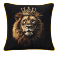 Black scatter cushion featuring a majestic crowned lion portrait with gold piping