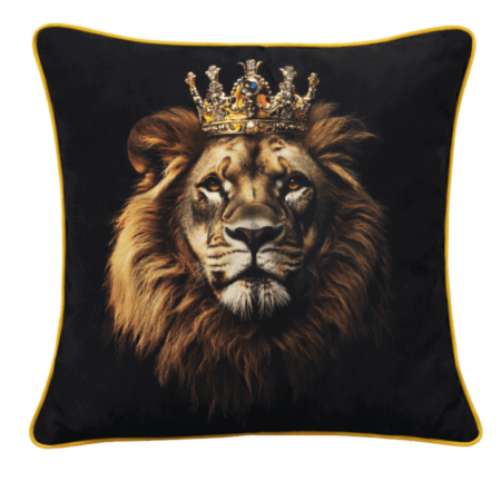 Black scatter cushion featuring a majestic crowned lion portrait with gold piping