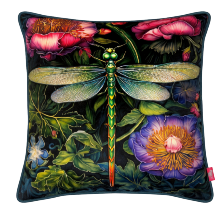 Black scatter cushion with a green dragonfly and vibrant pink and purple peony florals