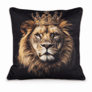 Black scatter cushion featuring a high-definition lion portrait wearing a gold crown, finished with white piping