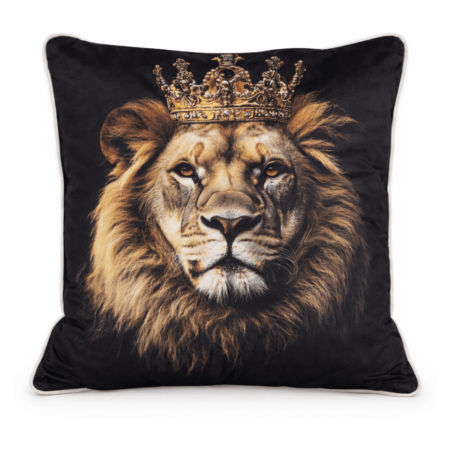 Black scatter cushion featuring a high-definition lion portrait wearing a gold crown, finished with white piping