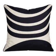 Neutral scatter cushion with bold black arced curve pattern in a modern abstract design