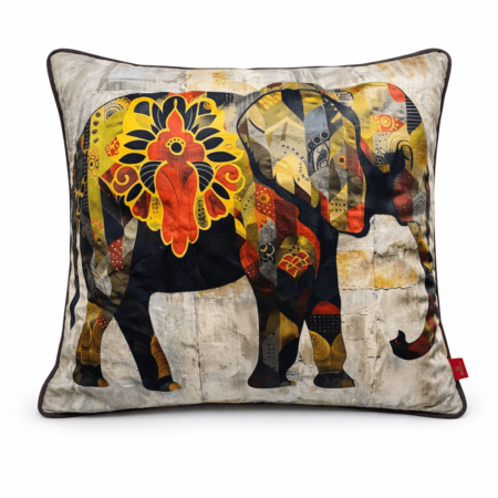Neutral stone-toned scatter cushion featuring a stylised mosaic elephant in gold, black, and red patterned textures