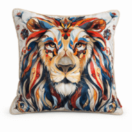 Cream scatter cushion featuring an artistic lion illustration with a flowing multicoloured mane in red, blue, and orange