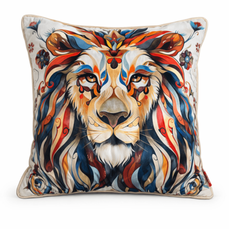 Cream scatter cushion featuring an artistic lion illustration with a flowing multicoloured mane in red, blue, and orange