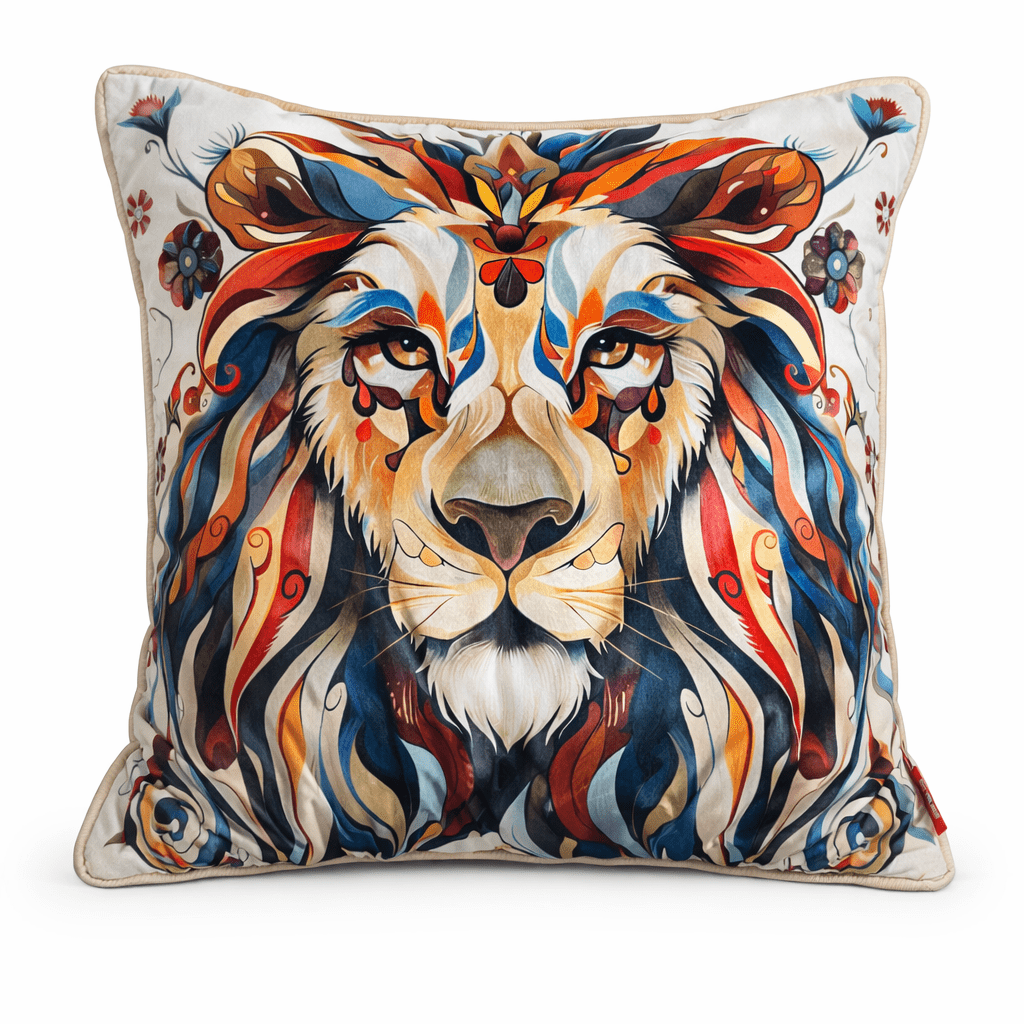 Cream scatter cushion featuring an artistic lion illustration with a flowing multicoloured mane in red, blue, and orange