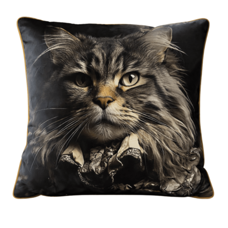 Black scatter cushion featuring a lifelike close-up portrait of a Maine Coon cat with piercing eyes