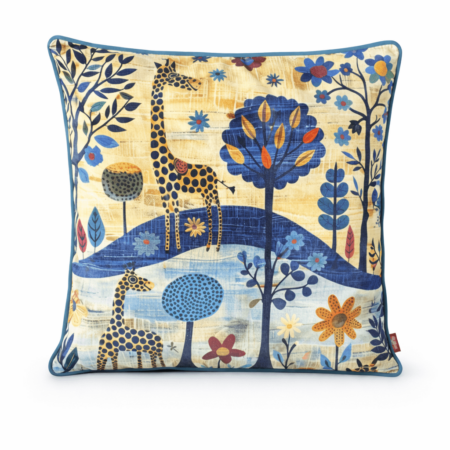 Whimsical scatter cushion with folk-art illustrated giraffes among stylized trees and autumnal florals in blue and gold tones