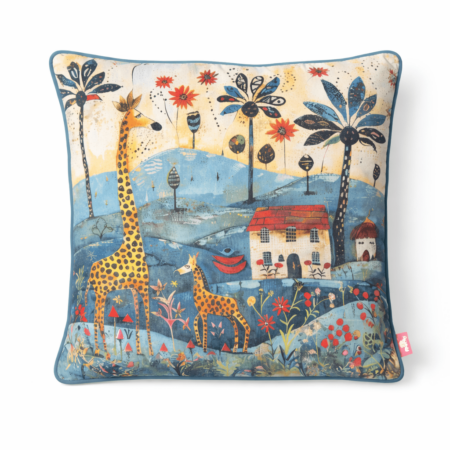 Whimsical scatter cushion with illustrated giraffes in a colourful storybook landscape of hills, flowers, and a cottage