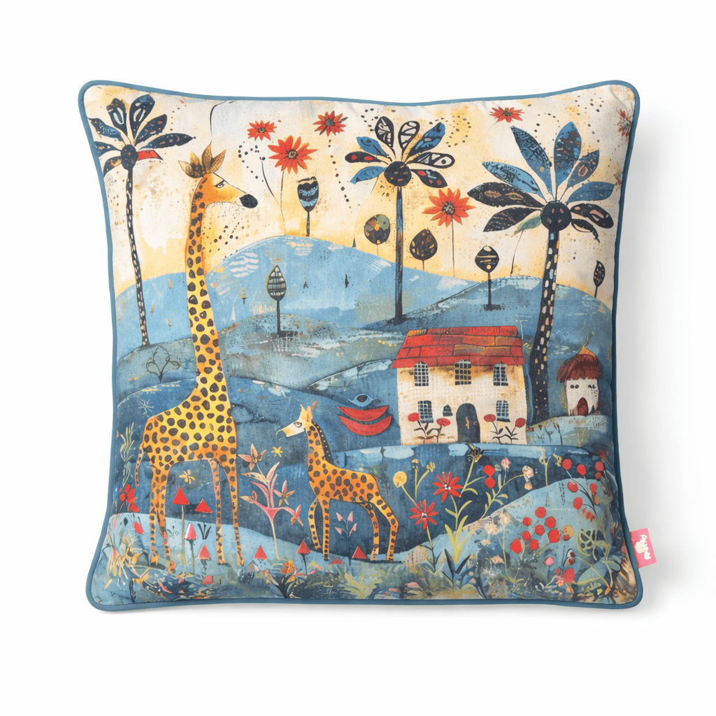 Whimsical scatter cushion with illustrated giraffes in a colourful storybook landscape of hills, flowers, and a cottage