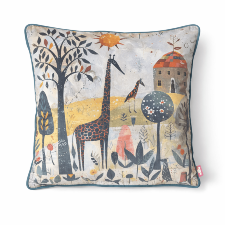 Whimsical scatter cushion with illustrated giraffes in a naive-style winter landscape with a cottage and stylized trees