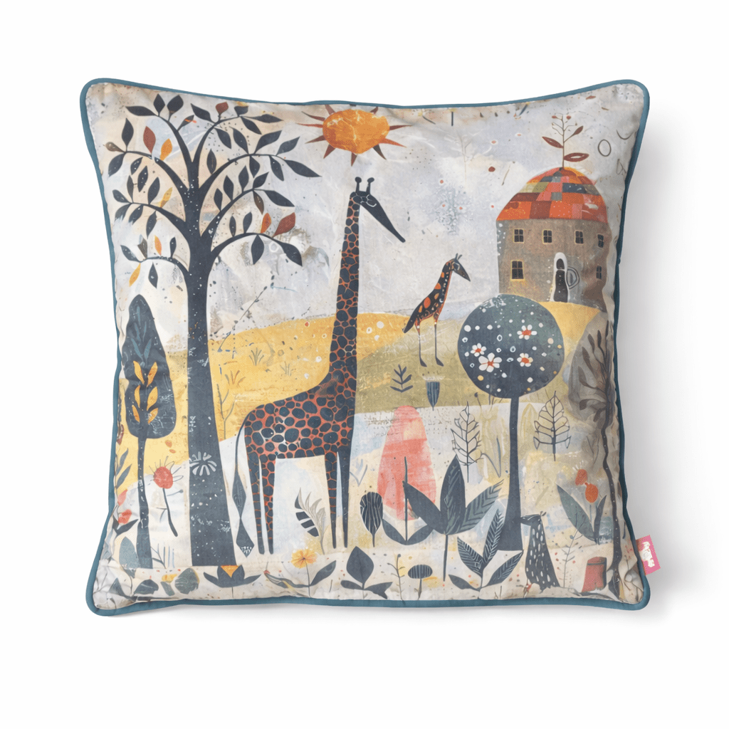 Whimsical scatter cushion with illustrated giraffes in a naive-style winter landscape with a cottage and stylized trees