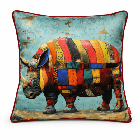 Turquoise scatter cushion featuring a bold patchwork-style rhino in multicoloured geometric patterns with red piping