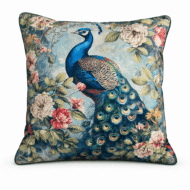Blue scatter cushion featuring a detailed peacock illustration with fanned feathers among pink and cream roses