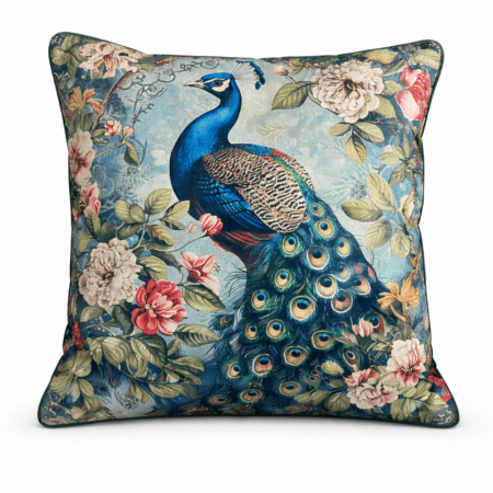 Blue scatter cushion featuring a detailed peacock illustration with fanned feathers among pink and cream roses