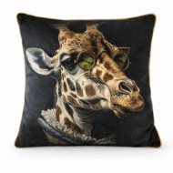 Black scatter cushion featuring a distinguished giraffe illustration wearing round spectacles and a ruffled collar
