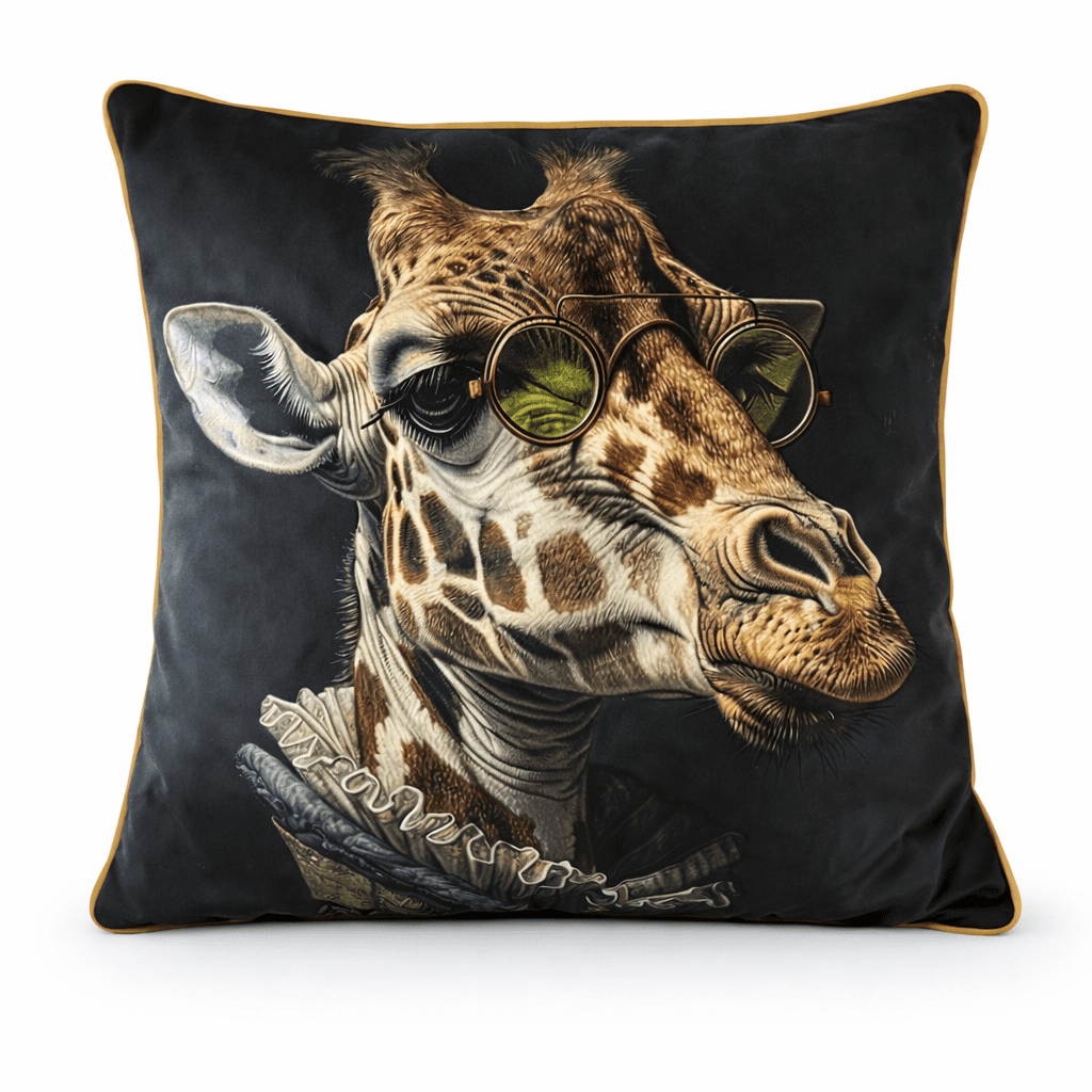 Black scatter cushion featuring a distinguished giraffe illustration wearing round spectacles and a ruffled collar