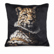 Black scatter cushion featuring a regal cheetah portrait dressed in royal fur and jeweled attire