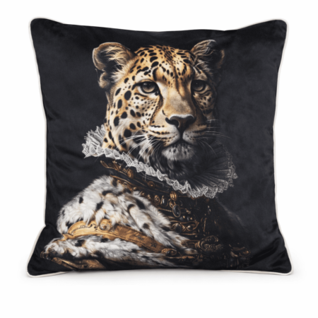 Black scatter cushion featuring a regal cheetah portrait dressed in royal fur and jeweled attire