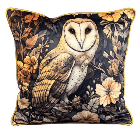 Black scatter cushion featuring a detailed barn owl illustration surrounded by golden botanical florals