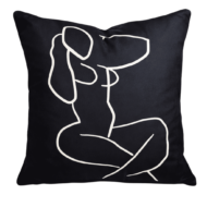 Black scatter cushion with a minimalist white line-art illustration of a seated figure