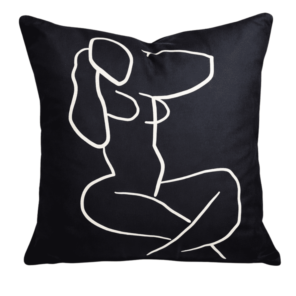 Black scatter cushion with a minimalist white line-art illustration of a seated figure