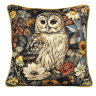 Black scatter cushion featuring a soft-eyed owl perched among autumnal florals and foliage
