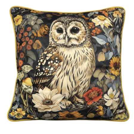 Black scatter cushion featuring a soft-eyed owl perched among autumnal florals and foliage