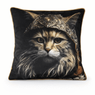 Black scatter cushion featuring a Maine Coon cat portrait wearing an ornate metallic Viking-inspired helmet