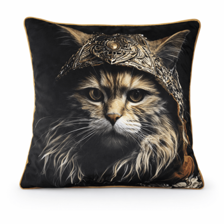 Black scatter cushion featuring a Maine Coon cat portrait wearing an ornate metallic Viking-inspired helmet