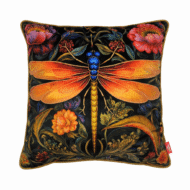Black scatter cushion with a bold amber-orange dragonfly and vivid blue body, surrounded by colourful Art Nouveau florals