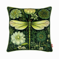 Deep green scatter cushion with a pale green Art Nouveau-style dragonfly and layered botanical florals