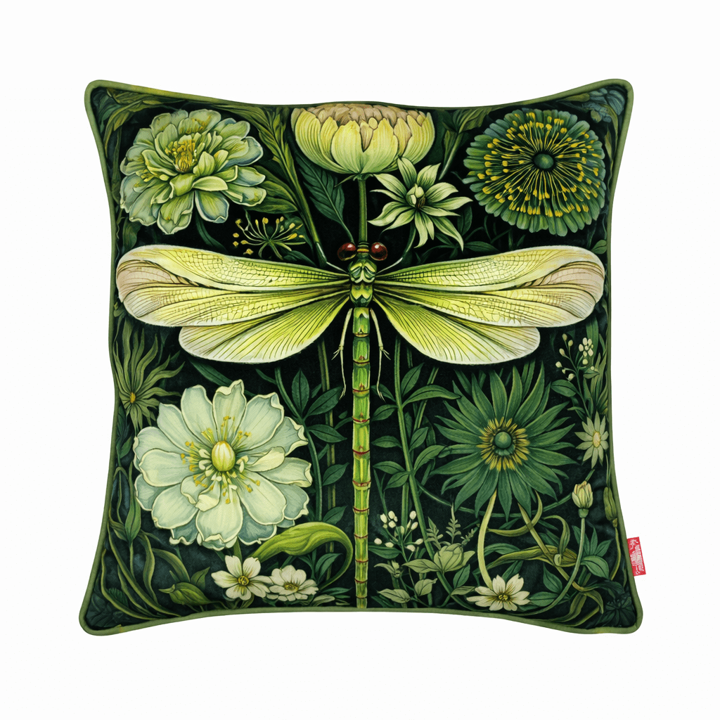 Deep green scatter cushion with a pale green Art Nouveau-style dragonfly and layered botanical florals