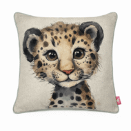 Natural linen scatter cushion featuring a hand-drawn baby cheetah cub with wide curious eyes and soft spots