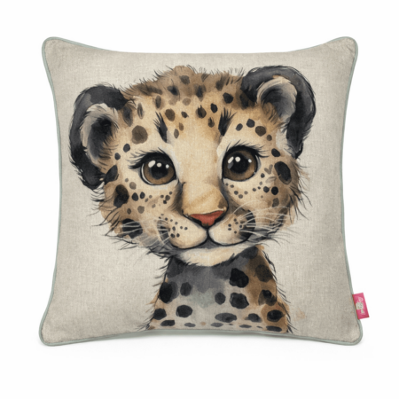 Natural linen scatter cushion featuring a hand-drawn baby cheetah cub with wide curious eyes and soft spots