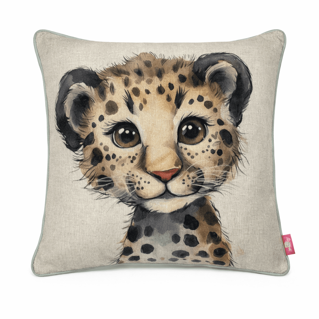 Natural linen scatter cushion featuring a hand-drawn baby cheetah cub with wide curious eyes and soft spots