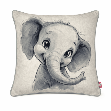 Soft grey scatter cushion featuring a hand-drawn baby elephant with curious eyes and curling trunk