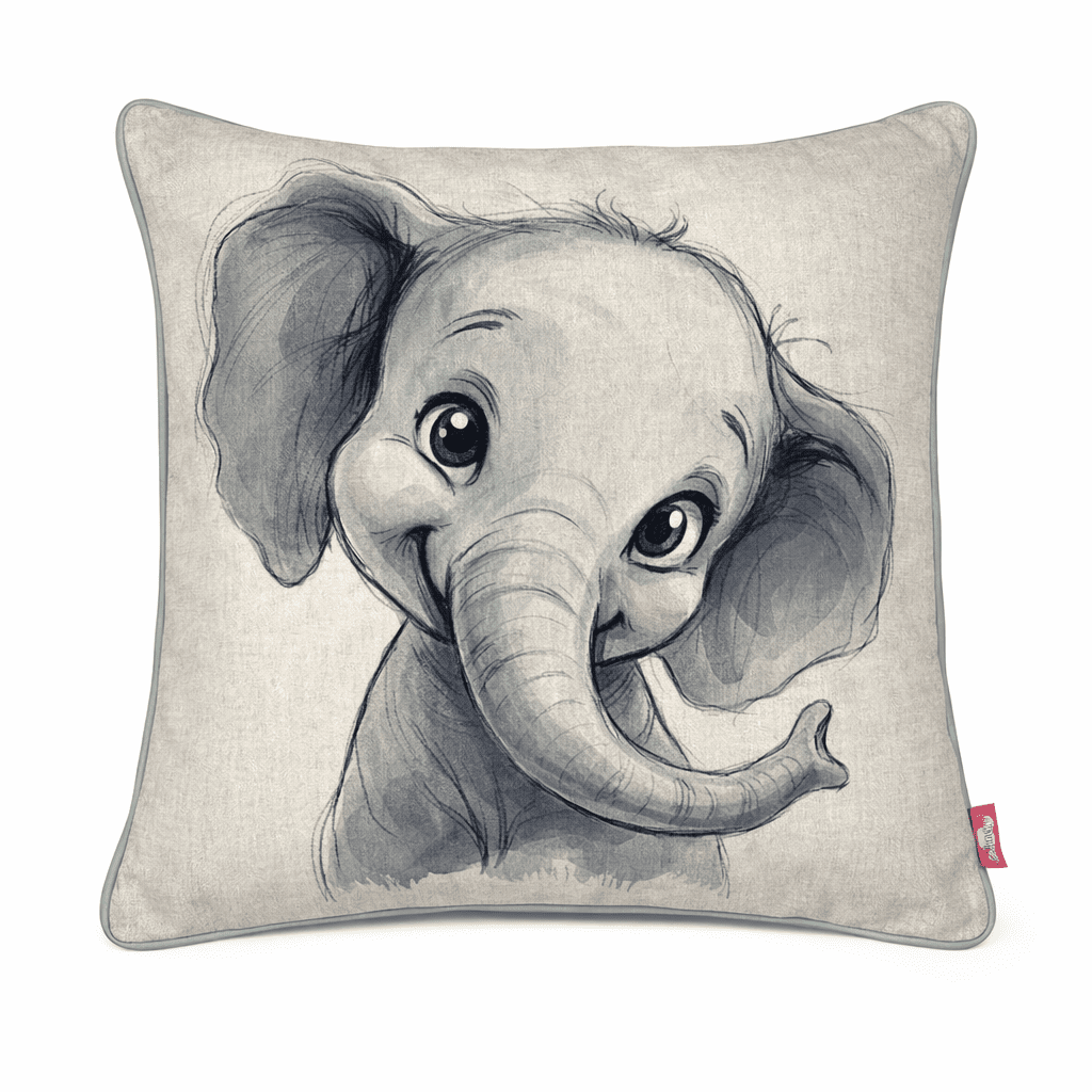 Soft grey scatter cushion featuring a hand-drawn baby elephant with curious eyes and curling trunk
