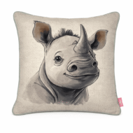 Natural linen scatter cushion featuring a hand-drawn baby rhino with a gentle smile and kind eyes