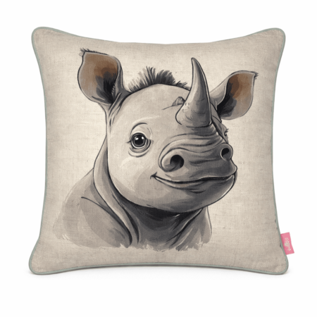 Natural linen scatter cushion featuring a hand-drawn baby rhino with a gentle smile and kind eyes