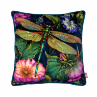 Dark jewel-toned scatter cushion with a radiant emerald dragonfly and vibrant floral Art Nouveau design