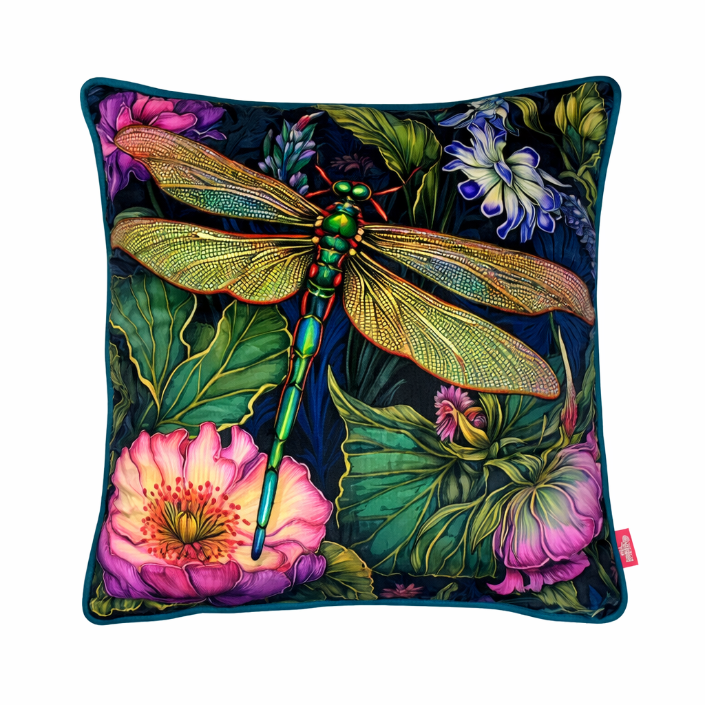 Dark jewel-toned scatter cushion with a radiant emerald dragonfly and vibrant floral Art Nouveau design