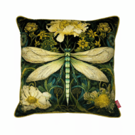 Dark green scatter cushion with a pale green Art Nouveau-style dragonfly and golden botanical florals