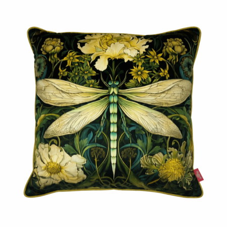 Dark green scatter cushion with a pale green Art Nouveau-style dragonfly and golden botanical florals