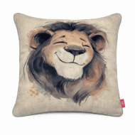 Natural linen scatter cushion featuring a hand-drawn smiling lion with closed eyes in warm caramel tones